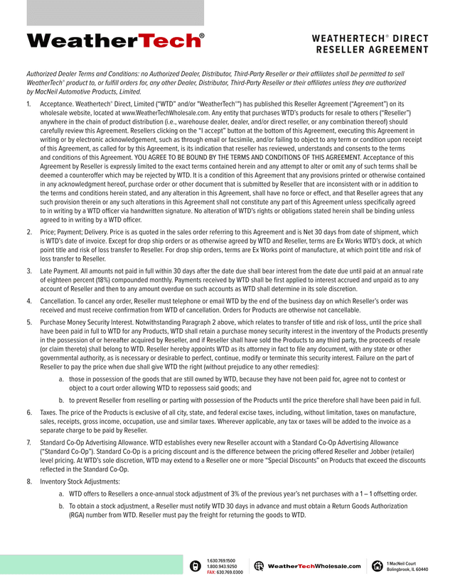 WeatherTech Direct Reseller Agreement screenshot