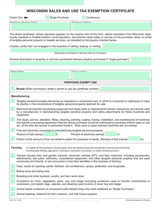 Wisconsin Sales And Use Tax Exemption Certificate screenshot