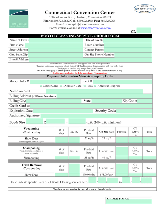 Booth Cleaning Service Order Form screenshot