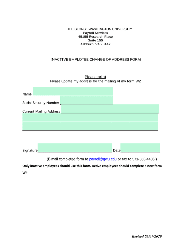 Inactive Employee Change Of Address Form screenshot