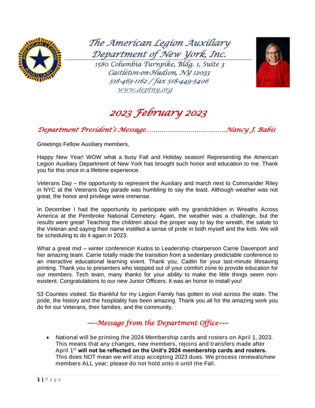 American Legion Auxiliary Department Of New York PresidentS Message screenshot