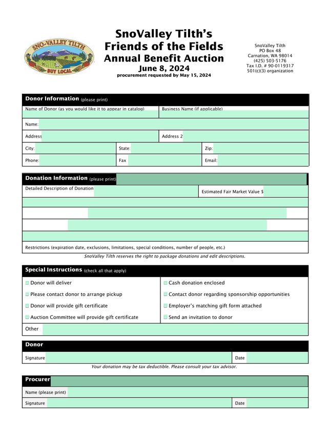 Friends Of The Fields Annual Benefit Auction Donation Form screenshot