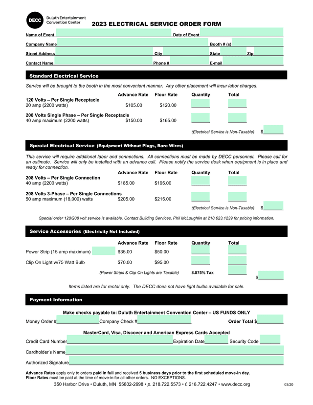 2023 ELECTRICAL SERVICE ORDER FORM screenshot
