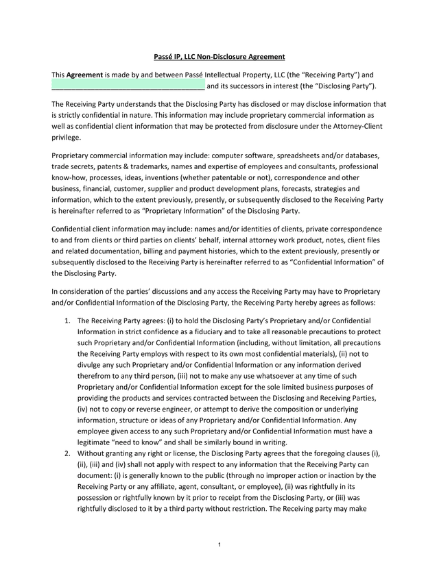 Pass IP, LLC Non Disclosure Agreement screenshot