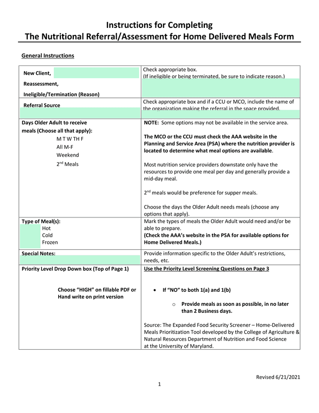 Nutritional ReferralAssessment For Home Delivered Meals Form screenshot
