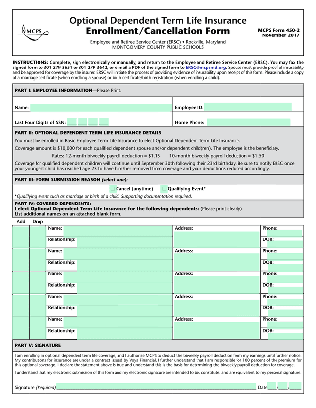 MCPS Form 450 2 Optional Dependent Term Life Insurance EnrollmentCancellation Form screenshot