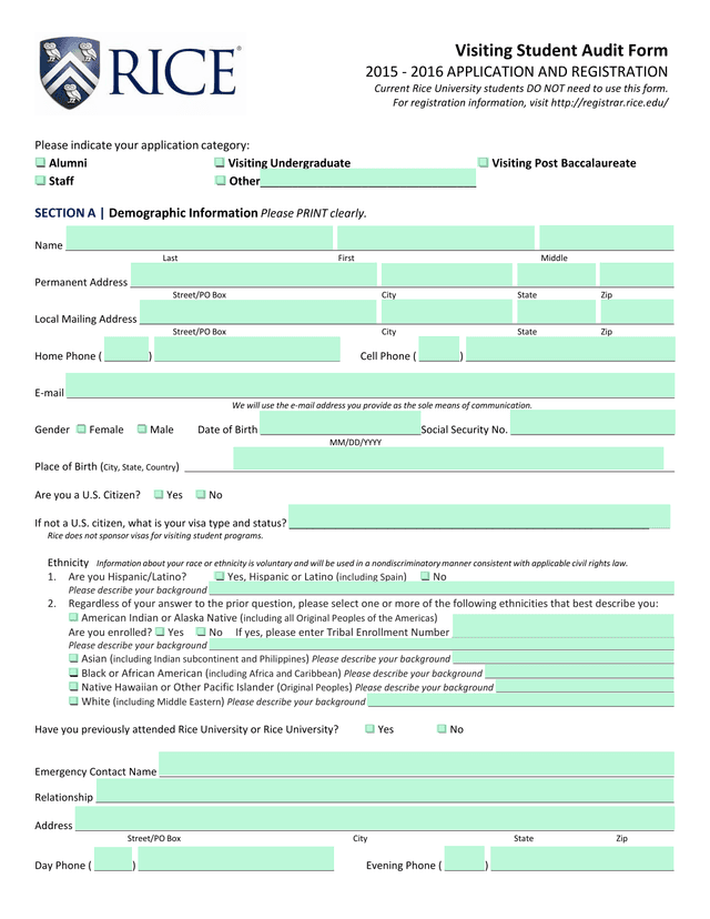 Visiting Student Audit Form screenshot