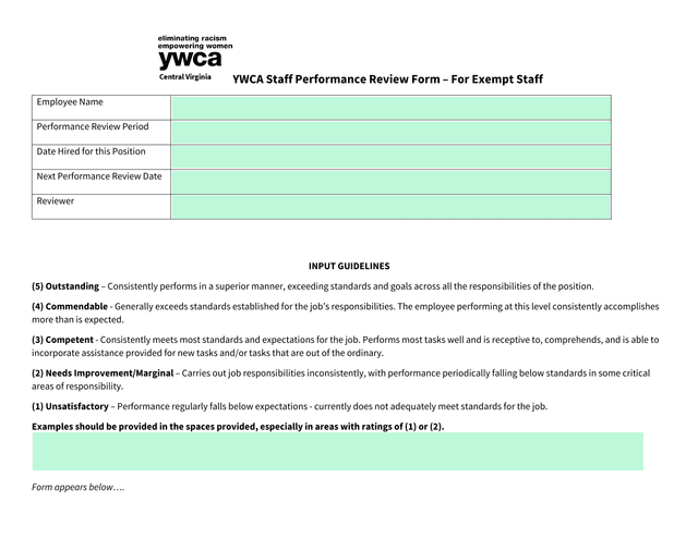 YWCA Staff Performance Review Form  For Exempt Staff screenshot
