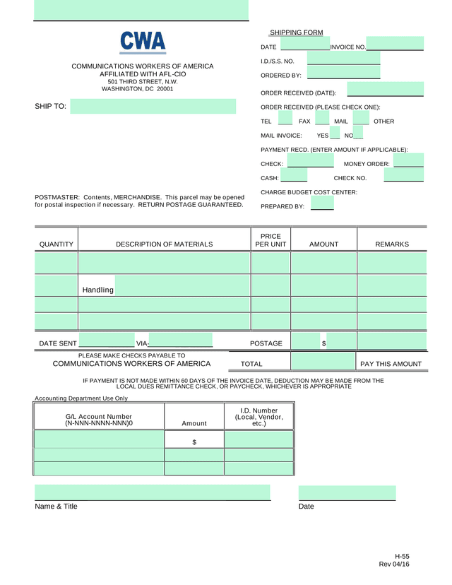 COMMUNICATIONS WORKERS OF AMERICA SHIPPING FORM screenshot