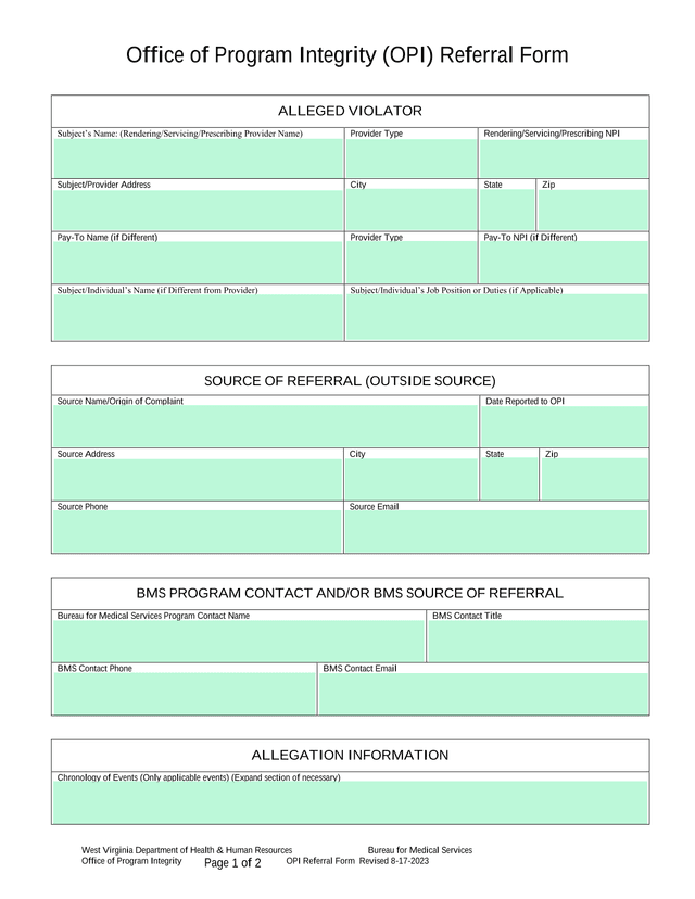 Office Of Program Integrity (OPI) Referral Form screenshot
