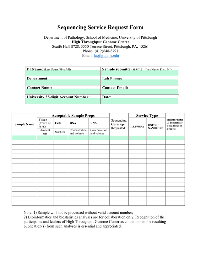 Sequencing Service Request Form screenshot