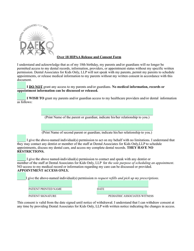 Over 18 HIPAA Release And Consent Form screenshot