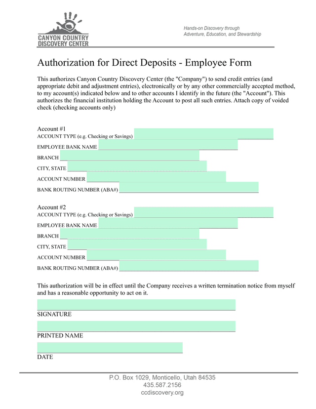 Authorization For Direct Deposits   Employee Form screenshot