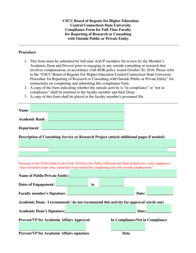 Compliance Form For Full Time Faculty For Reporting Of Research Or Consulting With Outside Public Or screenshot