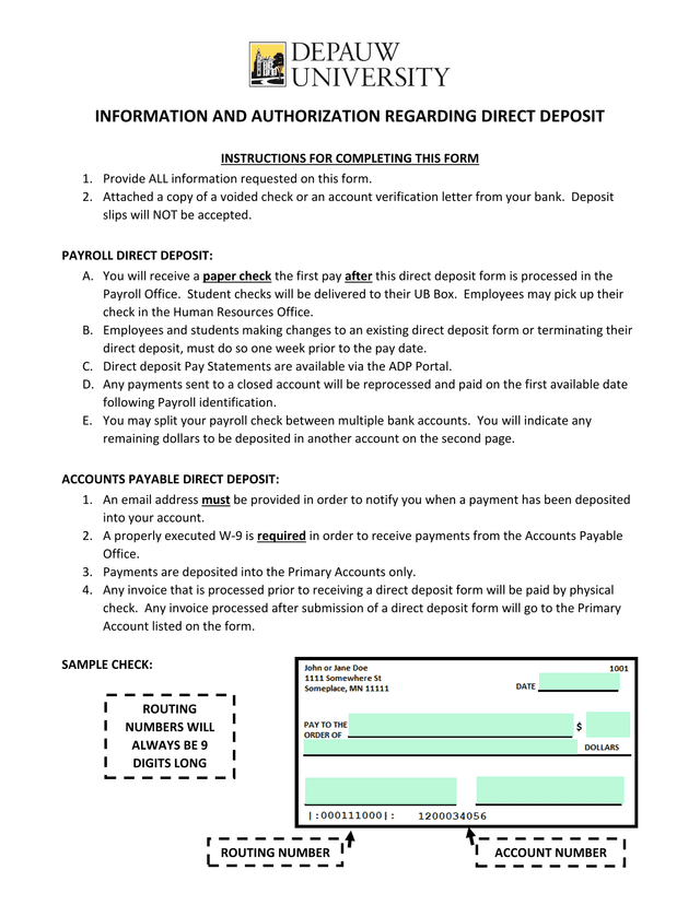 INFORMATION AND AUTHORIZATION REGARDING DIRECT DEPOSIT screenshot