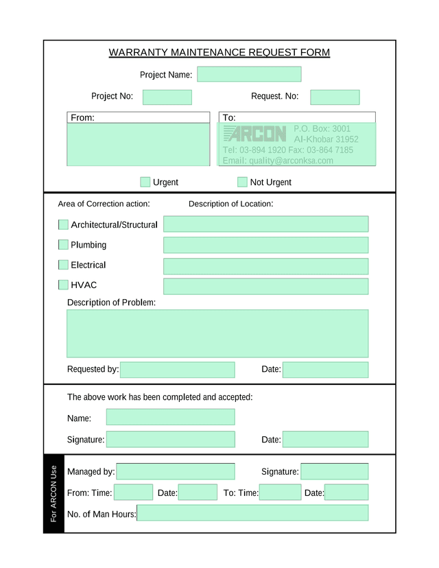 WARRANTY MAINTENANCE REQUEST FORM screenshot