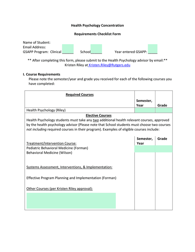 Health Psychology Concentration Requirements Checklist Form screenshot