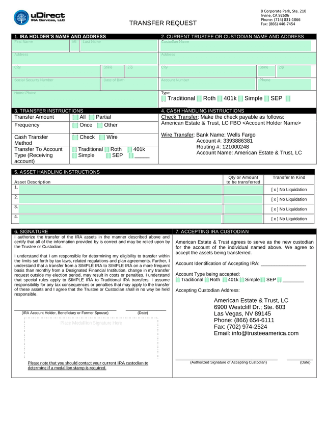 IRA Transfer Request Form screenshot