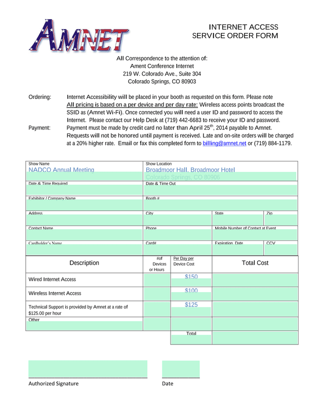 Internet Access Service Order Form screenshot