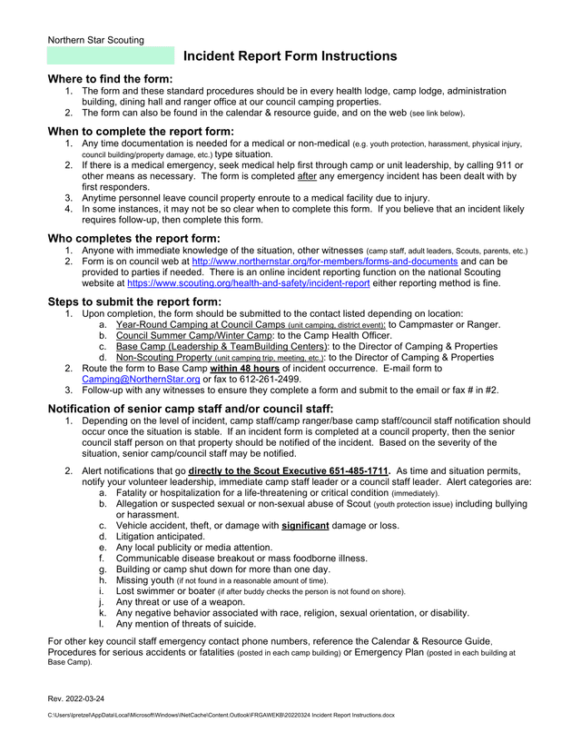 Incident Report Form Instructions screenshot