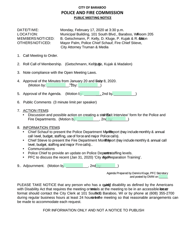 City Of Baraboo Police And Fire Commission Public Meeting Notice screenshot