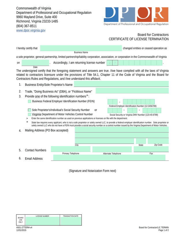 Certificate Of License Termination screenshot