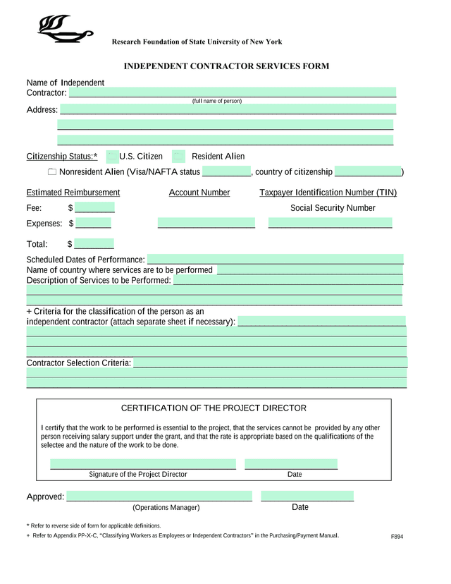Independent Contractor Services Form screenshot