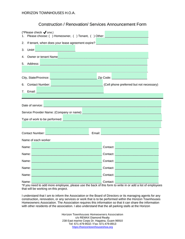 Construction  Renovation Services Announcement Form screenshot