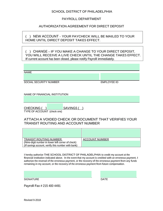 Authorization Agreement For Direct Deposit screenshot