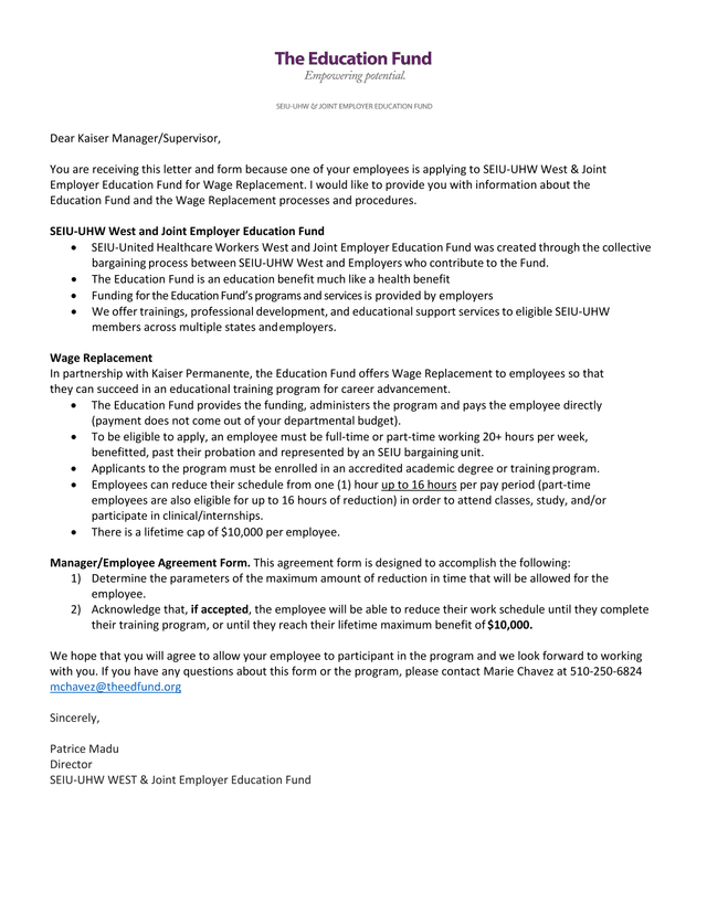 SEIU UHW West  Joint Employer Education Fund Wage Replacement Program ManagerEmployee Agreement Form screenshot
