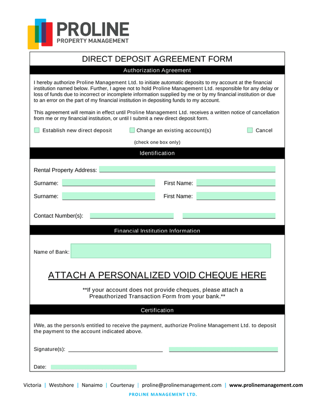 Direct Deposit Agreement Form screenshot