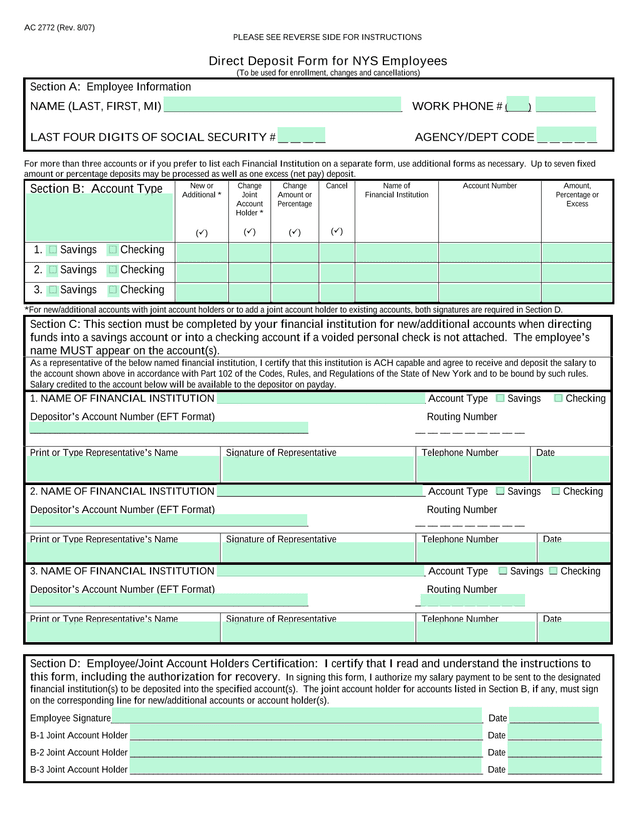 Direct Deposit Form For NYS Employees screenshot