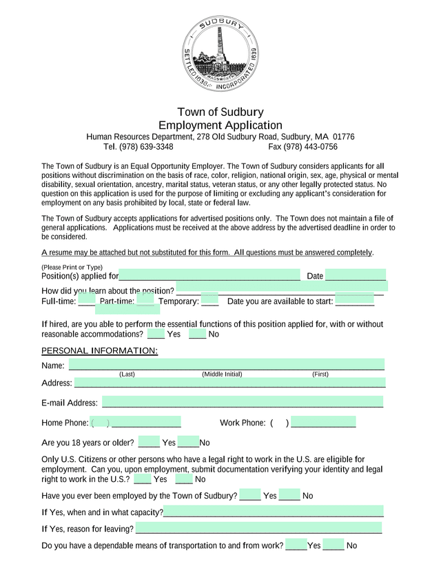 Town Of Sudbury Employment Application screenshot