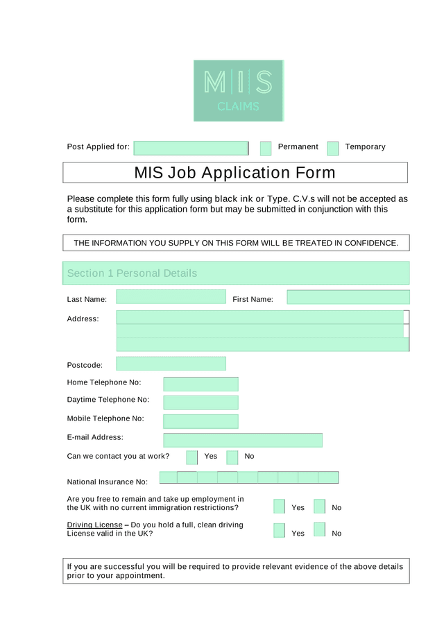 MIS Job Application Form screenshot