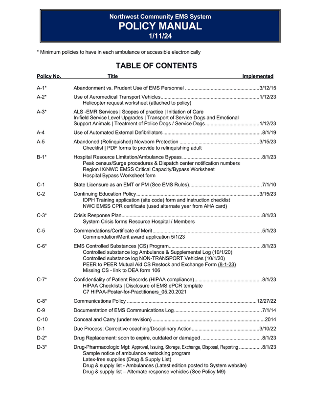 Northwest Community EMS System Policy Manual screenshot