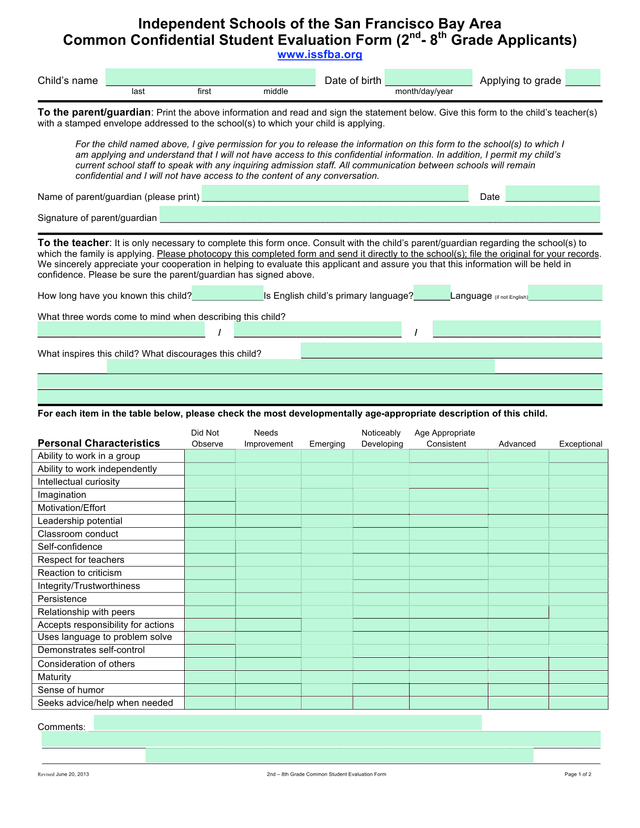 Common Confidential Student Evaluation Form (2nd  8th Grade Applicants) screenshot