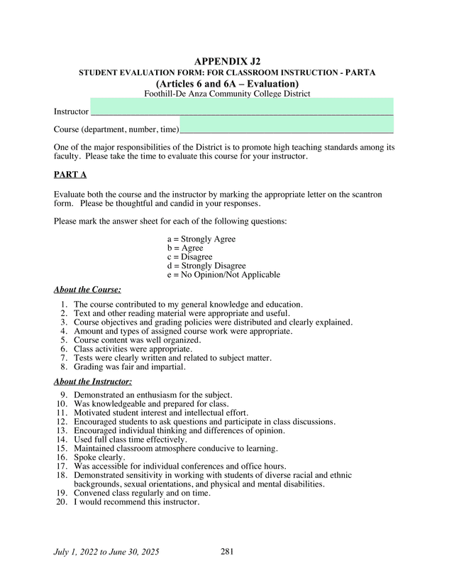 Student Evaluation Form For Classroom Instruction   Part A screenshot