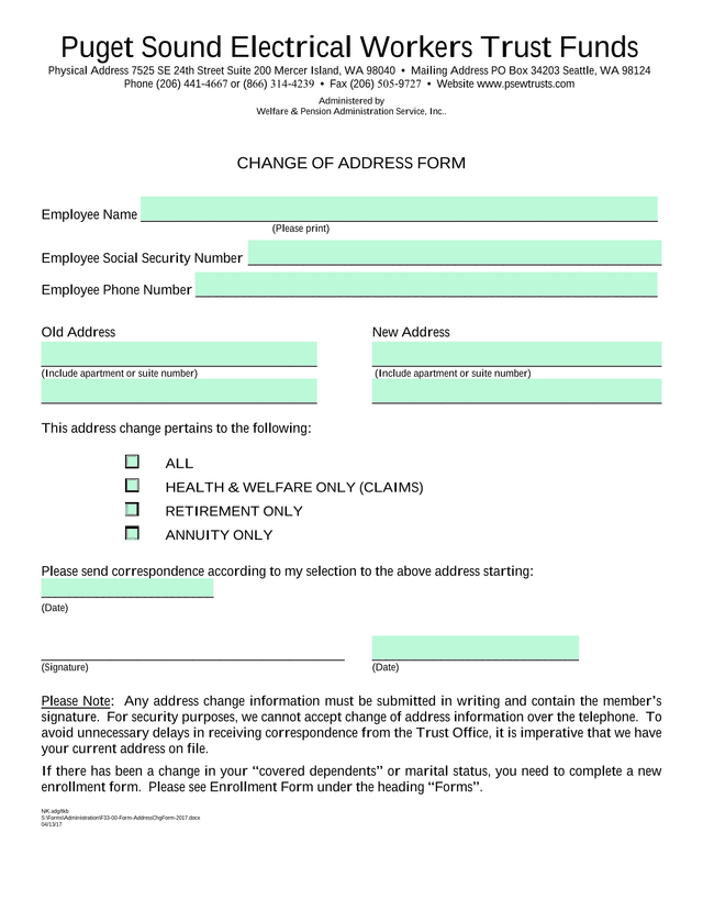 Change Of Address Form screenshot