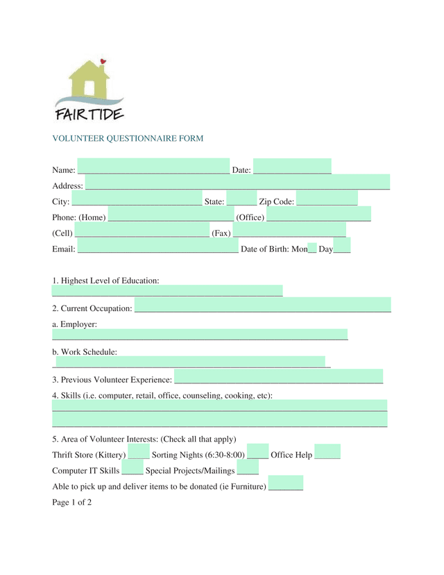 Volunteer Questionnaire Form screenshot