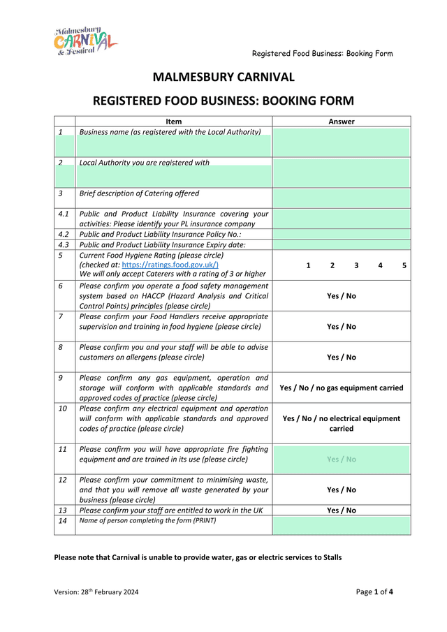 Registered Food Business Booking Form screenshot