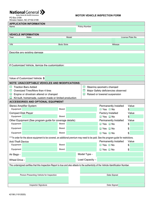 MOTOR VEHICLE INSPECTION FORM screenshot