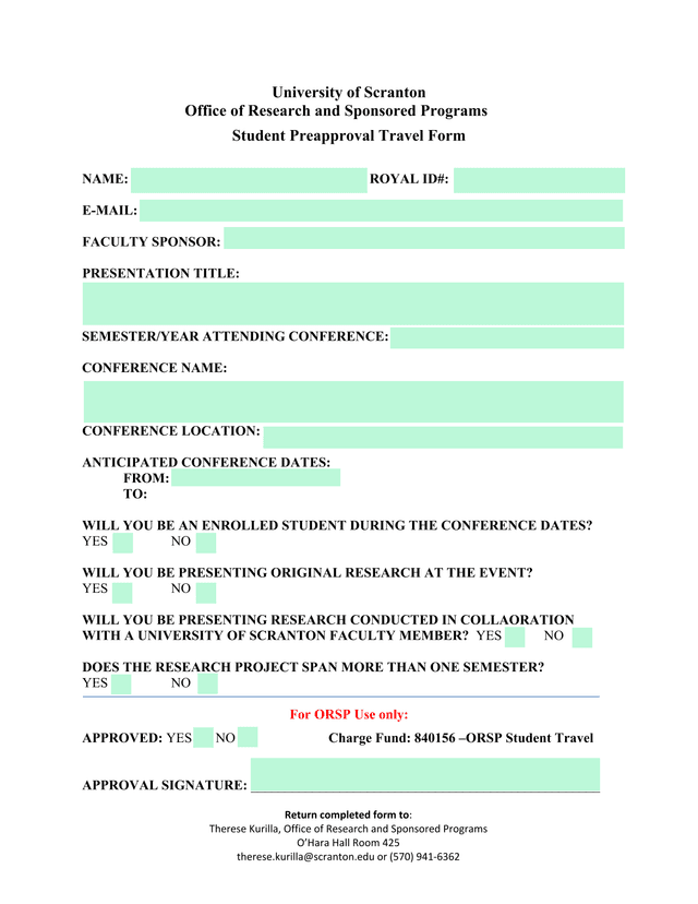 Student Preapproval Travel Form screenshot