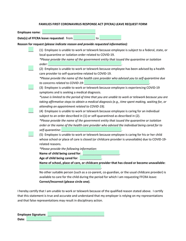 FAMILIES FIRST CORONAVIRUS RESPONSE ACT (FFCRA) LEAVE REQUEST FORM screenshot