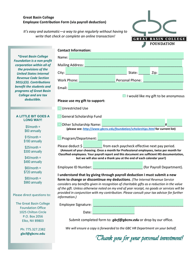 Employee Contribution Form screenshot