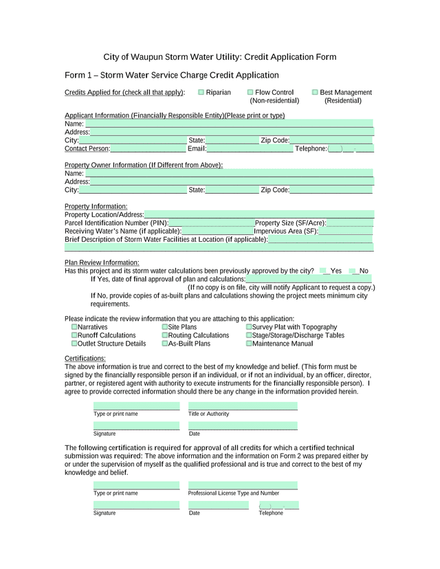 City Of Waupun Storm Water Utility Credit Application Form screenshot