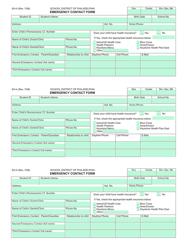 School District Of Philadelphia Emergency Contact Form screenshot