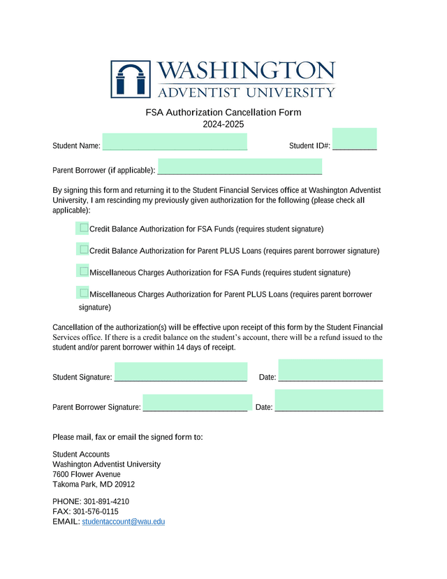 FSA Authorization Cancellation Form screenshot