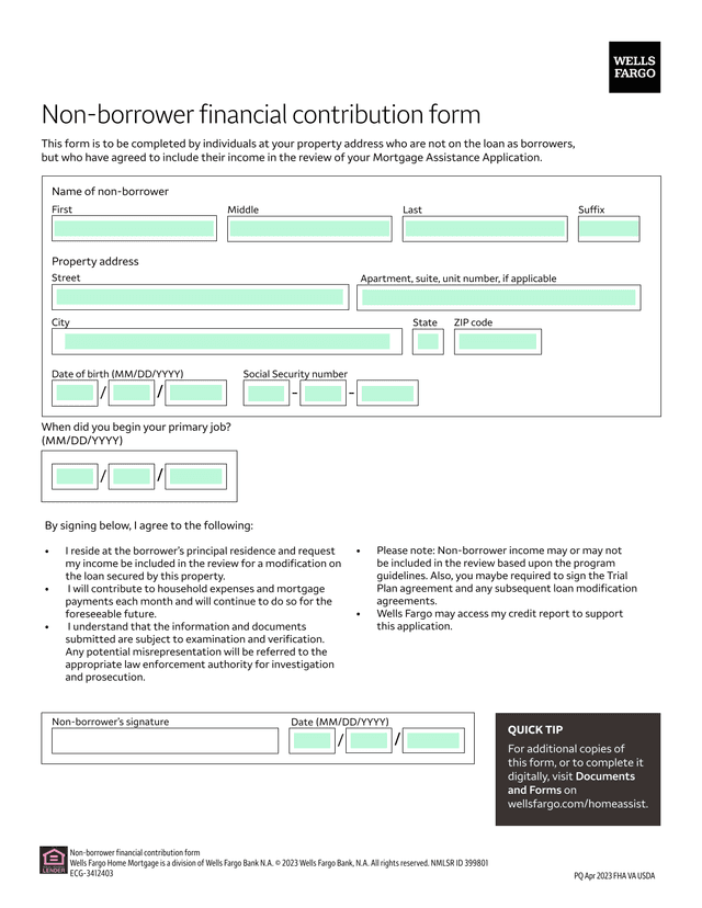 Non Borrower Financial Contribution Form screenshot