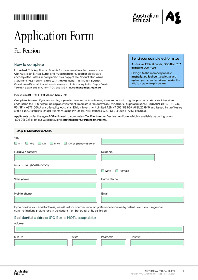 AUSTRALIAN ETHICAL SUPER PENSION APPLICATION FORM screenshot