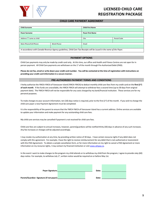 Child Care Payment Agreement screenshot